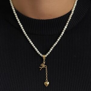 1928 Jewelry Faux Pearl Necklace Cherub Heart Pendant 15” Vintage